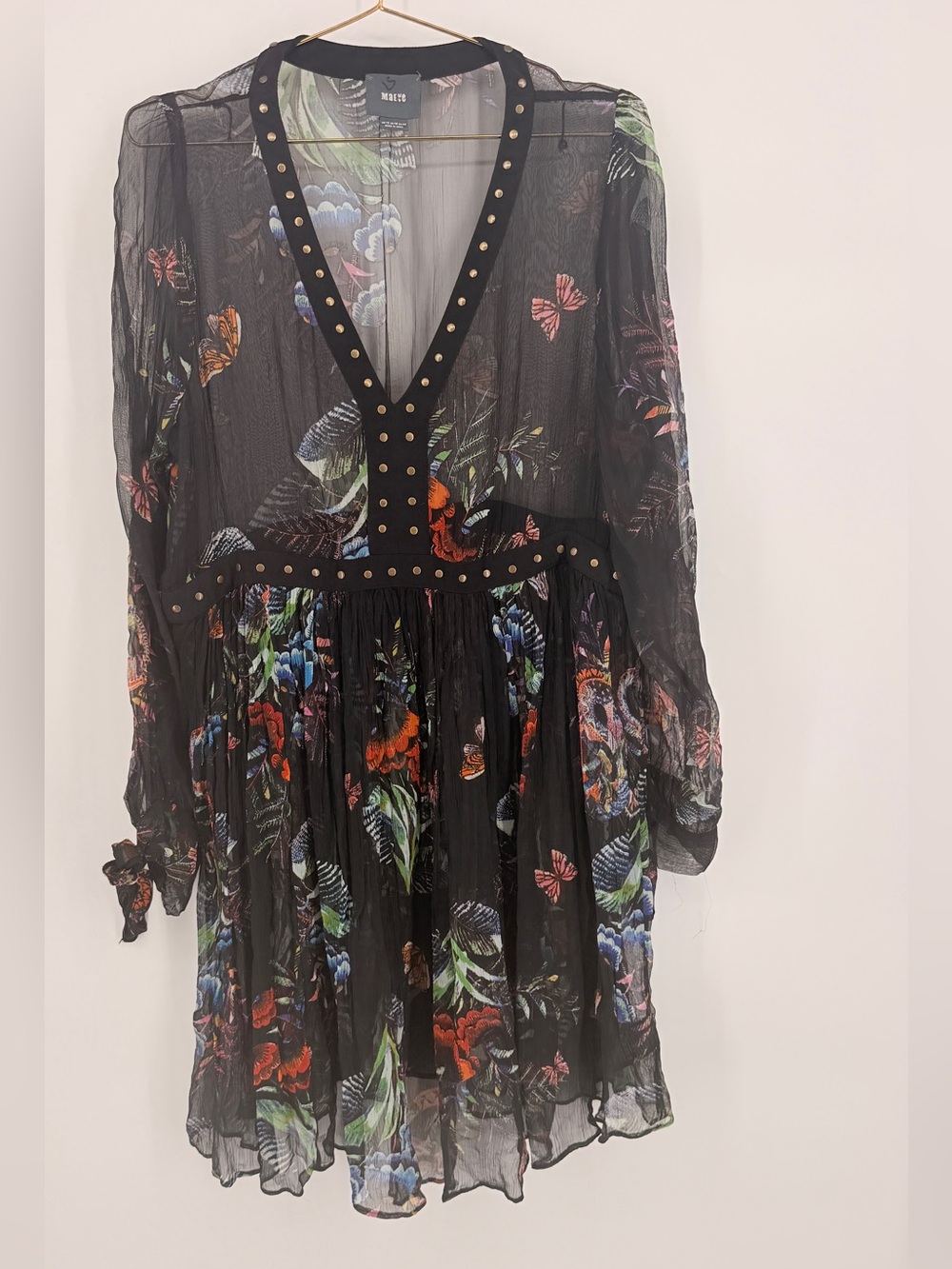 Maeve Anthropologie Black Floral Sheer Studded Mini Dress Size 12